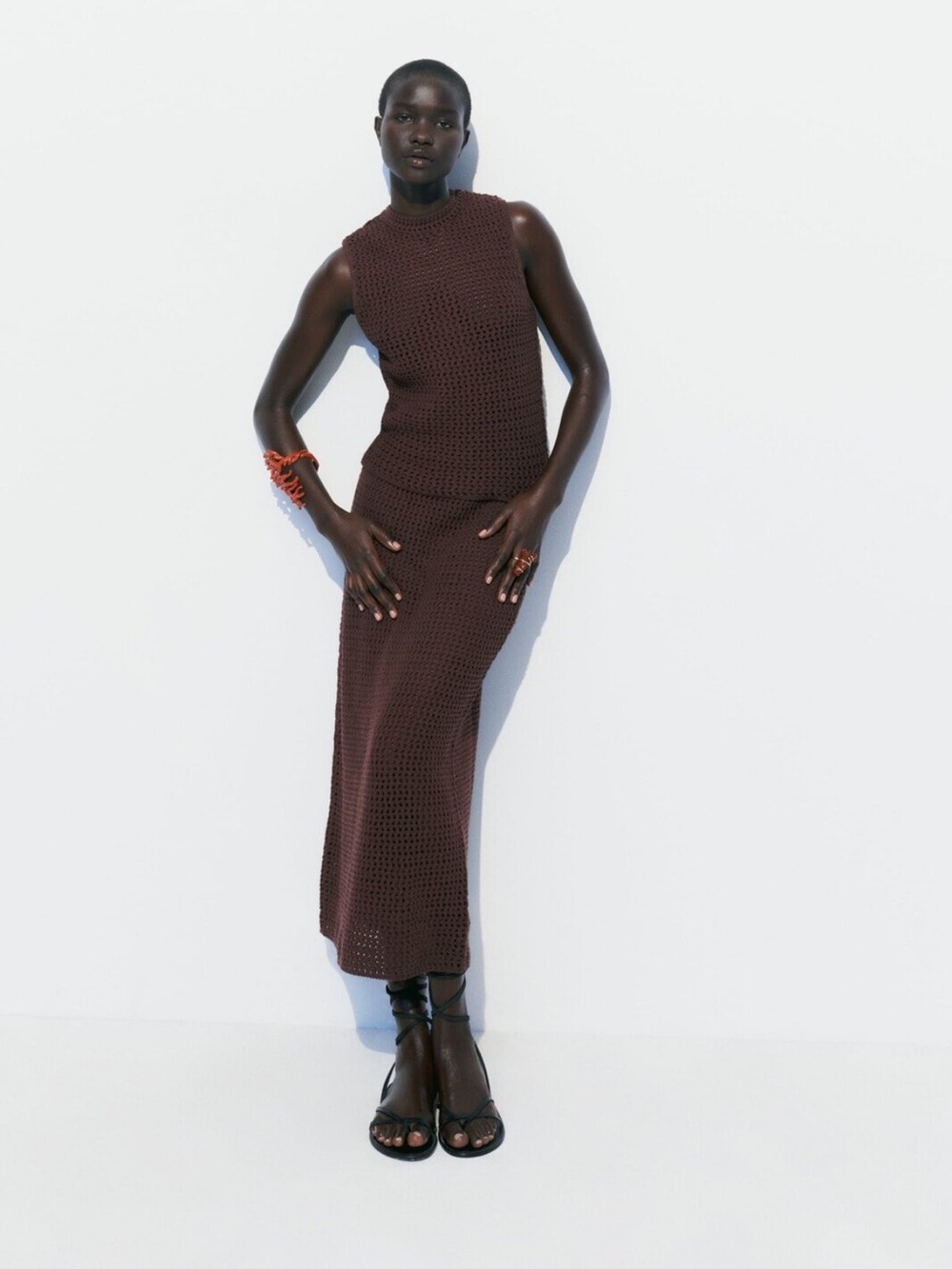 Crocheted 2-Piece Set in Deep Chocolate Brown Sleeveless Top + Midi Skirt